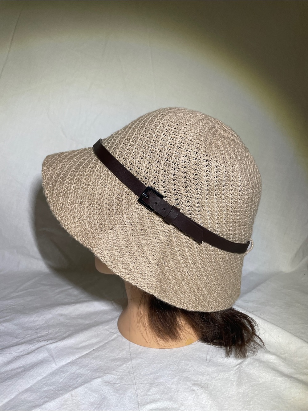 Women's Beige Woven Cloche Hat with Black Leather Accent Band